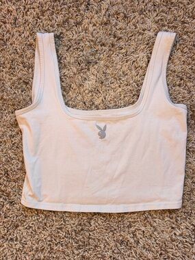 PLAYBOY by Pacsun Light Grey Scoop Neck Crop Tank with Bunny Logo